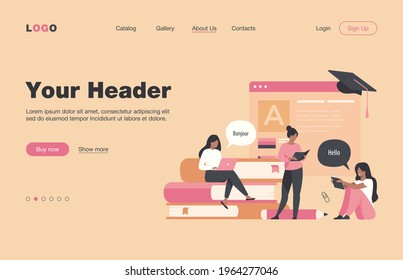 Happy women learning language online isolated flat vector illustration. Cartoon female characters taking individual lessons through messenger. Education and digital technology concept
