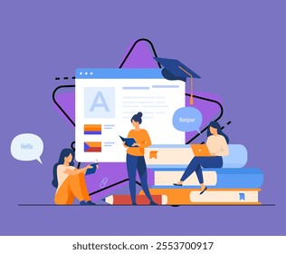 Happy women learning language online isolated flat vector illustration. Cartoon female characters taking individual lessons through messenger. Education and digital technology concept