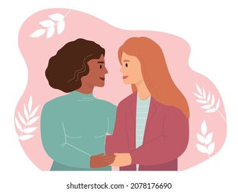 Happy women look at each other with love. A lesbian couple hugging. The concept of tolerance, equality of homosexual relations. Vector graphics.