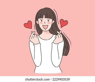 Las mujeres felices hacen pequeños signos de amor al corazón con los dedos, el concepto del día feliz de San Valentín, ilustración vectorial