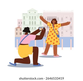 Mulheres felizes fazem foto de sua amiga perto do palácio Ca' d'Oro em Veneza. Amigos nas férias de verão. Destinos de viagem Itália. Destinos de viagem de verão na Europa. Ilustração de vetor de estilo plano