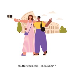 Mulheres felizes fazem selfie perto do Coliseu de Roma. Amigos nas férias de verão. Destinos de viagem Itália. Destinos de viagem de verão na Europa. Ilustração de vetor de estilo plano