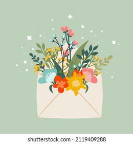 Happy Women March 8. Cute postcard, poster envelope with a bouquet of flowers and stars. Spring composition, congratulations to mothers. Vector illustration on a delicate green background.