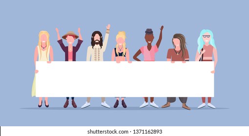 happy women men standing together smiling mix race people holding empty placard sign board female male cartoon characters full length flat blue background horizontal