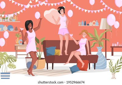 Happy women in night clothes having girls night at home vector flat illustration. Three female characters drinking cocktails and spending time together at bachelorette party. Women celebrating.