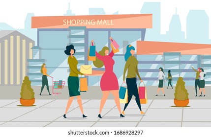 Happy Women with Packages and Bags after Shopping Going down Street Flat Cartoon Vector Illustration. Friends Laughing and Having Fun at Shopping Mall Background. Buying Things, Clothes.