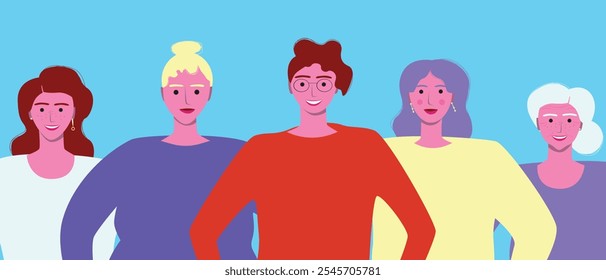 Mujeres felices como concepto de imperfección perfecto para el día internacional de la mujer, ilustración de stock de Vector plano con feministas para el 8 de marzo