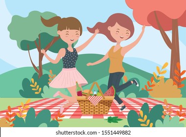 happy women picnic blanket food nature outdoor vector illustration