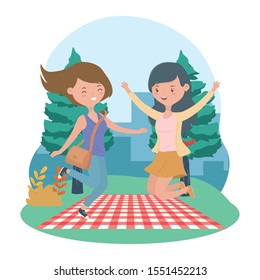 happy women picnic blanket nature outdoor vector illustration