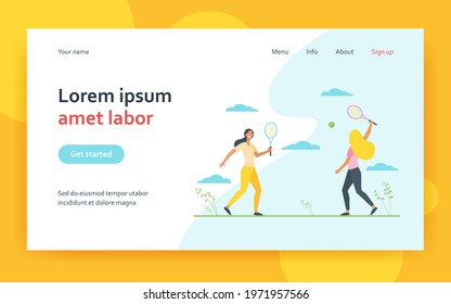 Happy women playing in badminton outdoors. Friend, racket, shuttlecock flat vector illustration. Game activity and leisure concept for banner, website design or landing web page
