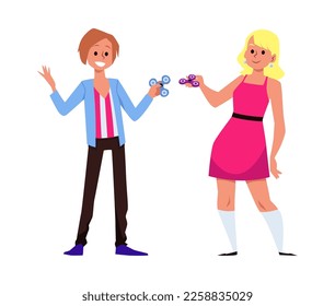 Mujeres felices jugando con spinner, dibujos animados de ilustración plana vectorial aislados en fondo blanco. Conceptos de juguetes para aliviar el estrés y contra la ansiedad.