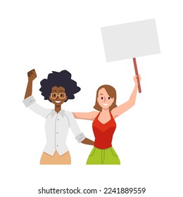 Happy women rally together flat style, vector illustration isolated on white background. Women fight for rights, feminism, characters with banner and hands up
