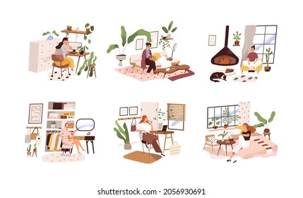 Happy women relax and work at home in modern room interiors. Lifestyle scenes set with females stay in cozy comfortable apartments. Colored flat vector illustration isolated on white background.