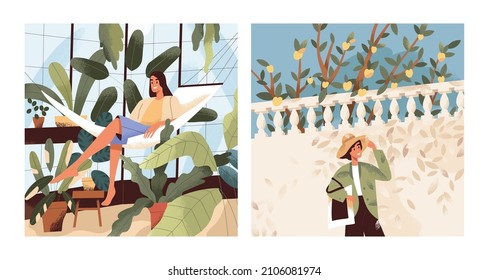 Mujeres felices relajándose entre plantas y plantas de hogar, al aire libre en la naturaleza y en el interior del jardín en vacaciones. Mujeres descansando en tiempo libre. El concepto de vida lenta y placer. Ilustraciones vectoriales planas