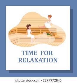 Happy women relaxing in sauna, advertising poster - flat vector illustration. Concepts of wellness and spa treatment. People sitting on wooden bench in steam sauna.