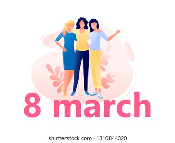 Happy Women s Day 8 march - Young happy women hugging together. Flat concept vector illustration for web, landing page, banner, presentation, flyer, poster