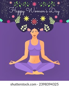 Happy Women s day. Girl is sitting in lotus position,She winks and smiles. Flowers and Plants in her Hair. Colorful purple background. Design for Postcard or Banner celebration of women, girls, March