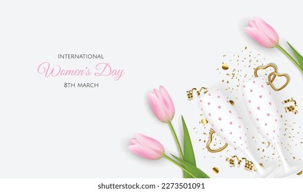 Happy Women s Day greeting card. Postcard for March 8. Pink Tulips with a gift