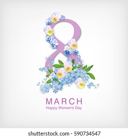 Happy women s day greeting card. Postcard on March 8. Text with flowers