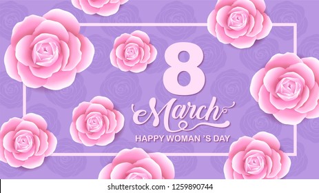 Happy Women 's Day holiday , 8 March, girl head silhouette cutout ,flower background.  banner , greeting card, poster, vector illustration.