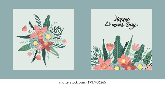 Happy Women s Day March 8 Cute cards for the spring holiday. Vector illustration of a date, a women and a bouquet of flowers.