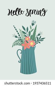 Happy Women s Day March 8 Cute card for the spring holiday. Vector illustration of a date, a women and a bouquet of flowers.