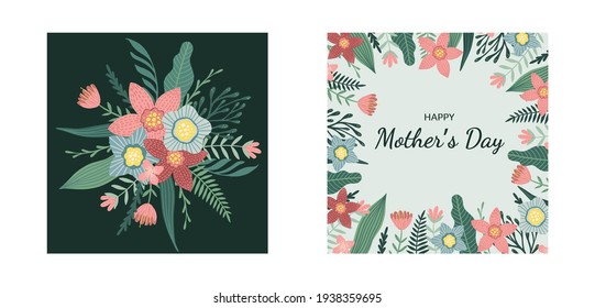 Happy Women s Day March 8 Cute cards for the spring holiday. Vector illustration of a date, a women and a bouquet of flowers.