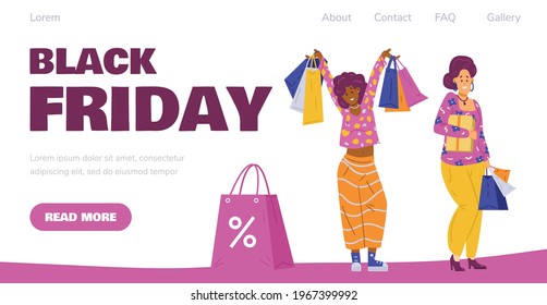 Happy women shoppers shopaholics hold lot bags with purchases. Smiling female buyers enjoy shopping with sale and discounts in retail shops. Vector illustration for web design.