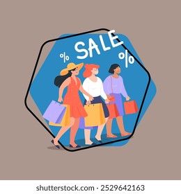 Mulheres felizes com sacolas de compras impressionadas com descontos. Amigas ou clientes que fazem compras juntas em ilustração vetorial de shopping, loja ou loja. Moda, compras, conceito de venda para design de banner