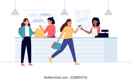 Las mujeres felices están comprando en la tienda. Los vendedores más amigables detrás de la barra sirven a los clientes. Venta y descuento en tienda de moda. Pago sin efectivo en el registro de salida. Ilustración vectorial plana