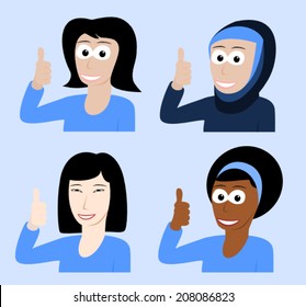 Happy women show thumbs up signal
