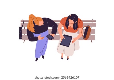 Happy women sit on bench in park top view. People relax, communicate together outdoors. Girls with phones in hands are on seat, talk overhead. Flat isolated vector illustration on white background