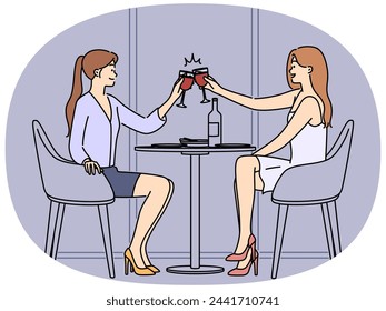 Happy women sit at table in cafe cheers with glasses. Smiling girls relax together in restaurant drinking wine celebrating. Vector illustration.