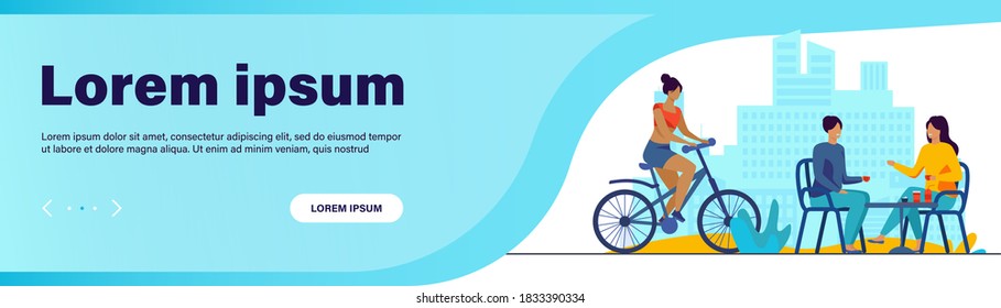 Happy women sitting in street cafe and cyclist riding near them. Coffee, bicycle, girl flat vector illustration. Summertime and urban lifestyle concept for banner, website design or landing web page