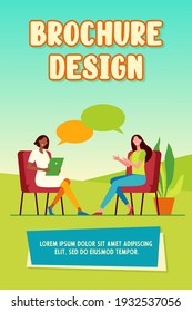 Happy women sitting and talking to each other. Dialog, psychologist, tablet flat vector illustration. Psychotherapy or communication concept for banner, website design or landing web page
