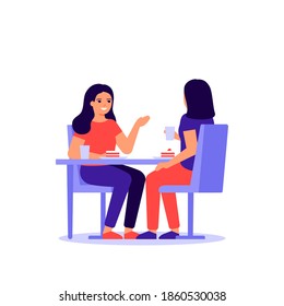 Happy women are sitting together at table, talking and eating. Happy friends celebrate holiday and eat cake. Girls taste food at home, in restaurant or cafe. Vector illustration