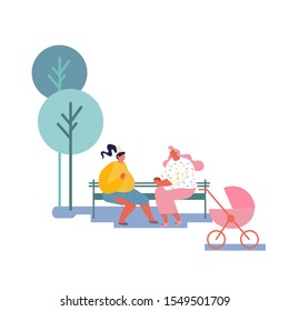 Happy Women Spend Time Together Sitting on Bench Outdoors and Chatting, Meeting Friends Lifestyle. Girl with Baby Stroller Maternity Parenthood. People Spare Time. Cartoon Flat Vector Illustration