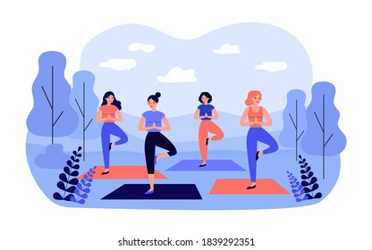 Happy women in sportswear on outdoor yoga class in city park isolated flat vector illustration. Cartoon female characters training together outside. Recreation and wellbeing concept