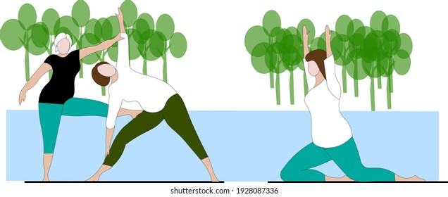 Happy women in sportswear on outdoor yoga class in city park isolated flat vector illustration. Cartoon female characters training together outside. Recreation and wellbeing concept