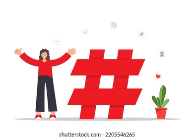 Happy women standing near sign hashtag, using of social networks, chat in the messenger and comments on the blog posting on social media, flat vector illustration