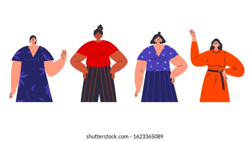 Happy women standing together and wave.Group of female friends,union of feminists,sisterhood.Poster design.Flat cartoon characters isolated on white background. Colorful vector illustration.