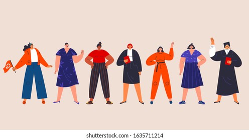 Happy women standing together and wave.Group of female friends,union of feminists,sisterhood.Poster design.Flat cartoon characters isolated on pink background.Colorful vector illustration.