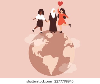 Happy women support each other with love. Three mothers from different ethnicities, religions stands together on top of the earth or planet . Concept of feminism, mother's day and Women's empowerment.