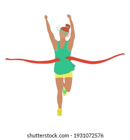 Happy women tearing the red ribbon on the finish. Illustration of the Marathon Runner Victory or Concept of the Goal Reaching.