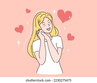 Happy women in trance of love with romantic sweet heart, Valentine's day concept, Vector illustration