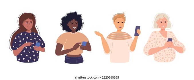 Happy women use smartphone flat. 4 young smiling women of different nationalities using mobile phones, internet, social network. Chatting and texting on smartphones. digital communication concept. 