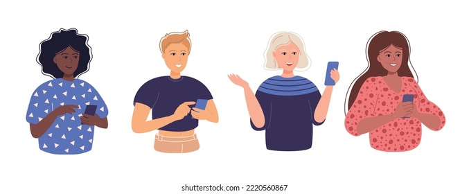 Happy women use smartphone flat. 4 young smiling women of different nationalities using mobile phones, internet, social network. Chatting and texting on smartphones. Characters addicted to smartphones