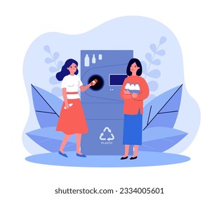 Mujeres felices usando ilustraciones vectoriales de máquinas recicladoras de botellas. Dibujo de caricaturas de consumidores con contenedores de plástico siendo depositados para reciclaje. Reciclaje, compras, concepto de ecología