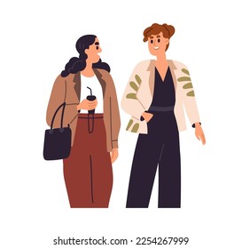 Mujeres felices caminando, hablando. Las amigas chateando, yendo juntas al exterior. Jóvenes novias sonrientes hablando, paseando por la calle. Ilustración vectorial plana aislada en fondo blanco