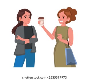 Mulheres felizes andando, falando. Meninas amigas conversando, indo juntas ao ar livre. Jovens namoradas sorridentes modernas falando, passeando na rua. Ilustração de vetor plano isolada em fundo branco.